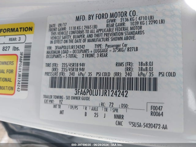 Ford Fusion Hybrid Se 2018 3FA6P0LU1JR124242 Image 9