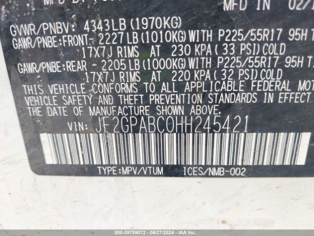 JF2GPABC0HH245421 Subaru Crosstrek 2.0i Premium