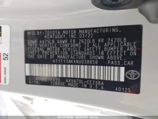Toyota CAMRY SE 2022 4T1T11AK4NU038858 Image 9