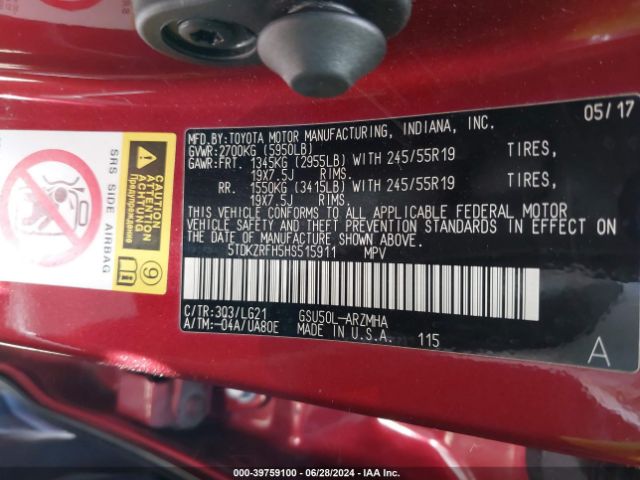 5TDKZRFH5HS515911 Toyota Highlander Se