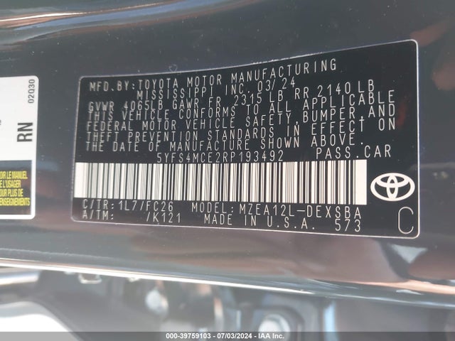 Toyota COROLLA SE 2024 5YFS4MCE2RP193492 Image 9
