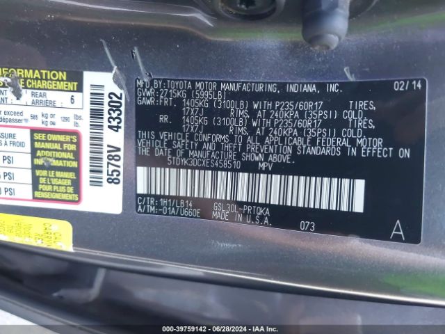 5TDYK3DCXES458510 Toyota Sienna Xle V6 8 Passenger