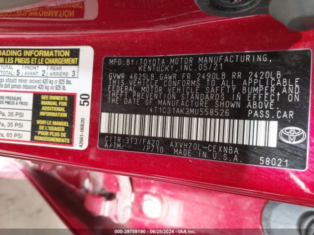 4T1C31AK3MU558526 Toyota Camry Le Hybrid