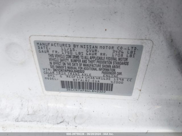 3N1CN7AP8GL840322 Nissan Versa 1.6 S/1.6 S+/1.6 Sl/1.6 Sv