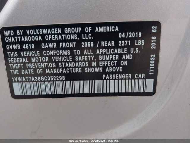 1VWAT7A38GC052298 Volkswagen Passat 1.8t S