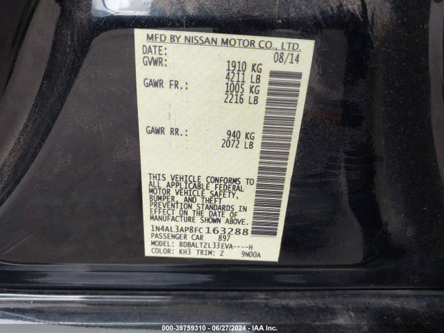 Nissan Altima 2.5 Sl 2015 1N4AL3AP8FC163288 Image 9