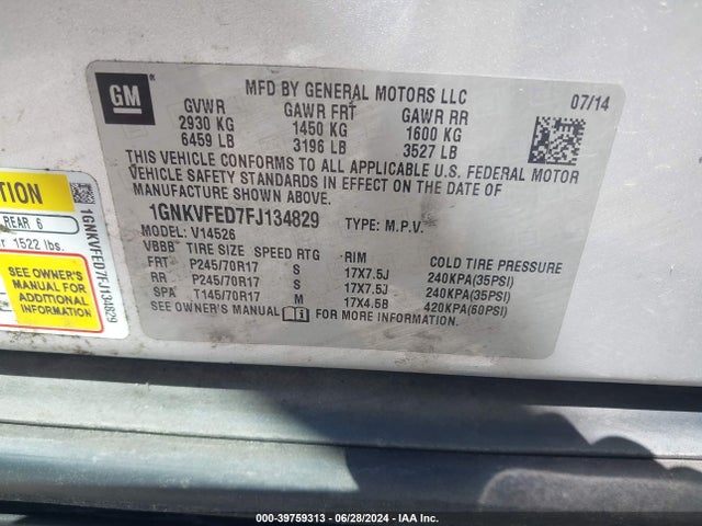 Chevrolet Traverse Ls 2015 1GNKVFED7FJ134829 Image 9