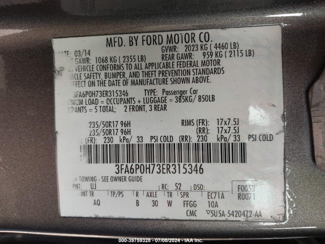 Ford FUSION SE 2014 3FA6P0H73ER315346 Image 9