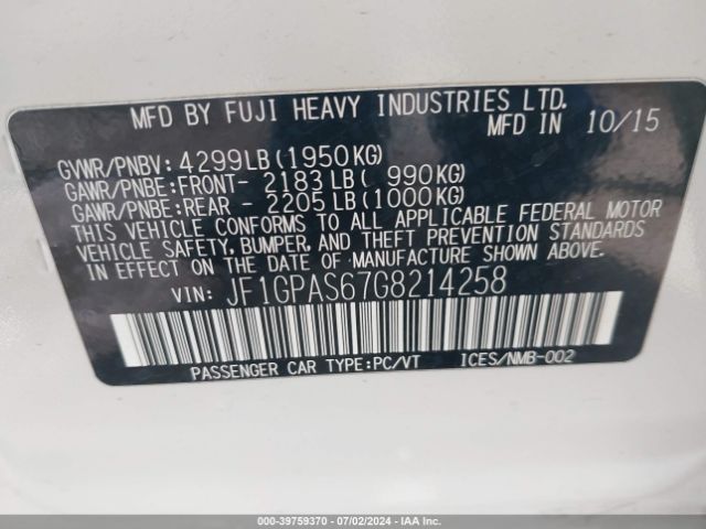 JF1GPAS67G8214258 Subaru Impreza 2.0i Sport Premium