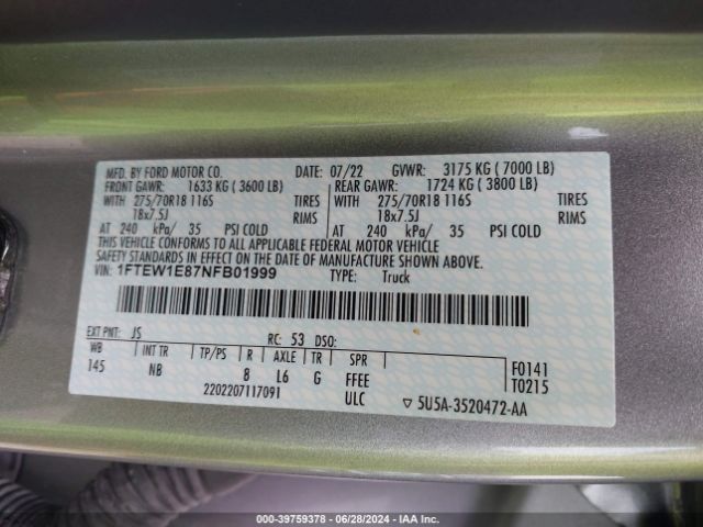 1FTEW1E87NFB01999 Ford F-150 Tremor