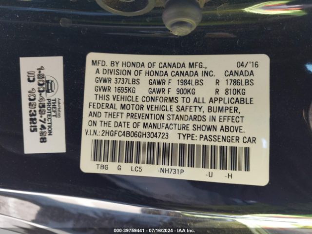 2HGFC4B06GH304723 Honda Civic Lx-p