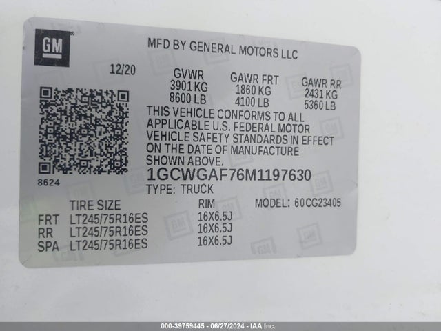 Chevrolet Express Cargo Rwd 2500 Regular Wheelbase Wt 2021 1GCWGAF76M1197630 Image 9