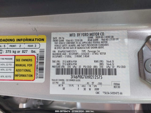 Ford FUSION S 2017 3FA6P0G7XHR212575 Image 9