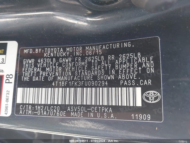 Toyota CAMRY XSE 2015 4T1BF1FK3FU090294 Image 9