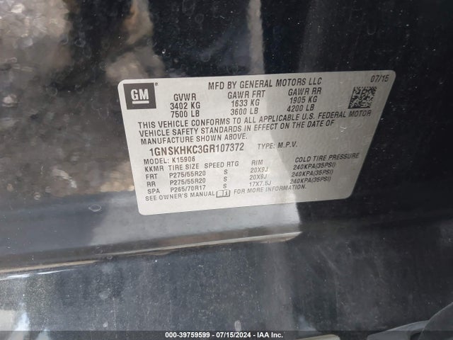 Chevrolet Suburban Lt 2016 1GNSKHKC3GR107372 Image 9