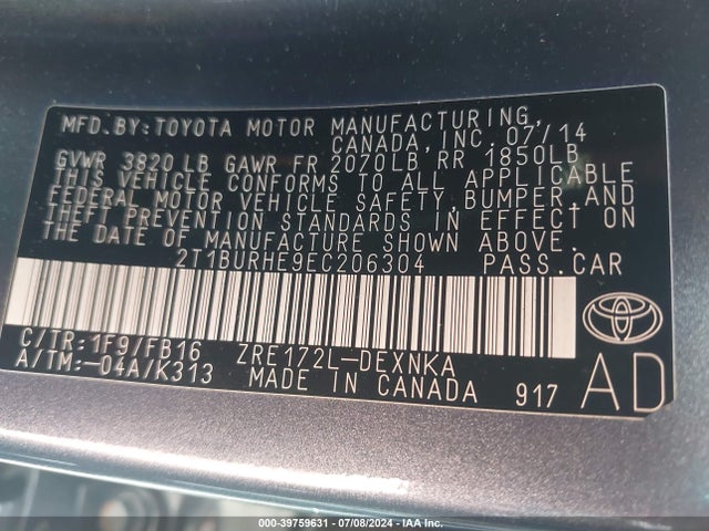 Toyota COROLLA LE 2014 2T1BURHE9EC206304 Image 9