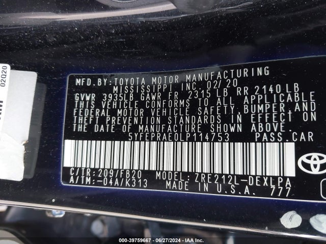 Toyota COROLLA LE 2020 5YFEPRAE0LP114753 Image 9