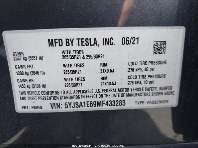 Tesla Model S Plaid Tri Motor All-wheel Drive 2021 5YJSA1E69MF433283 Image 9
