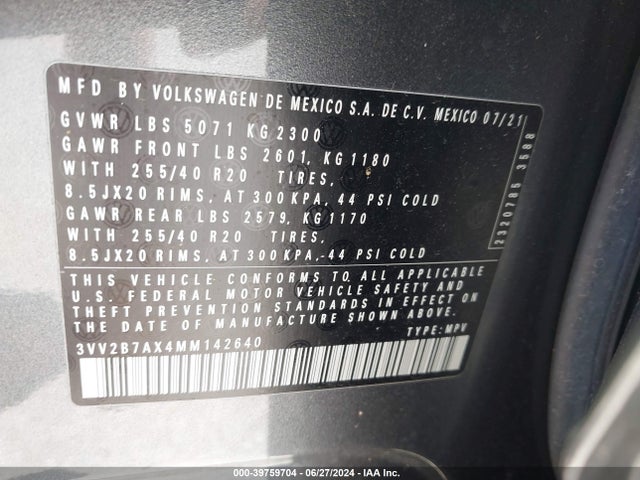 3VV2B7AX4MM142640 Volkswagen Tiguan 2.0t Se/2.0t Se R-line Black/2.0t Sel