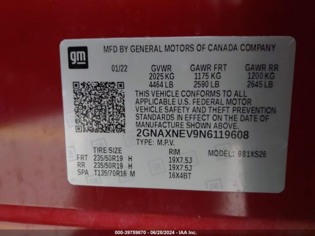 2GNAXNEV9N6119608 Chevrolet Equinox Fwd Premier