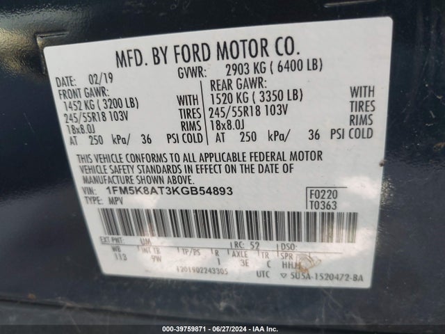 1FM5K8AT3KGB54893 Ford Police Interceptor Utility