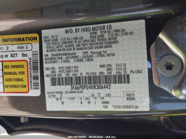3FA6P0PU4HR306442 Ford Fusion Energi Se Luxury