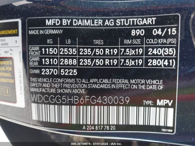 WDCGG5HB6FG430039 Mercedes-Benz GLK 350