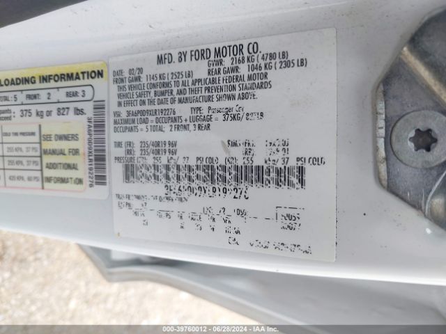 2020 FORD FUSION 3FA6P0D9XLR192276 Photo 8