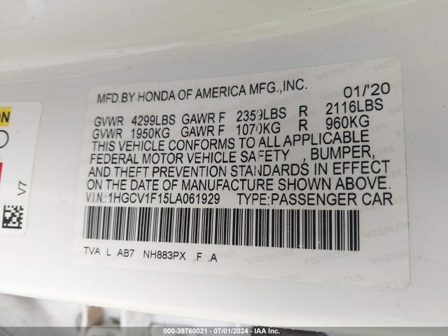 Honda ACCORD LX 2020 1HGCV1F15LA061929 Image 9