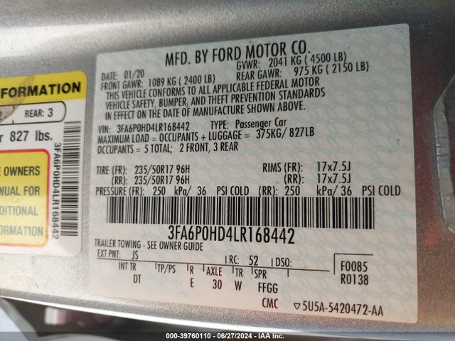 Ford FUSION SE 2020 3FA6P0HD4LR168442 Image 9