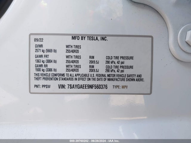 2022 TESLA MODEL Y 7SAYGAEE9NF560376 Photo 8
