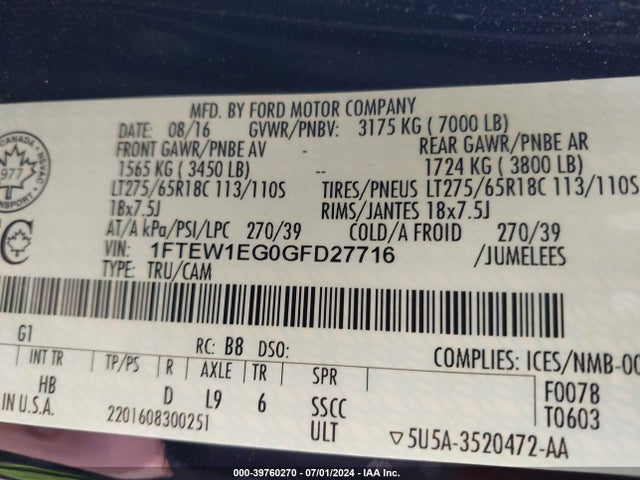 Ford F-150 Lariat 2016 1FTEW1EG0GFD27716 Image 9
