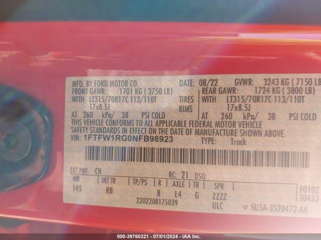 Ford F-150 Raptor 2022 1FTFW1RG0NFB98923 Image 9