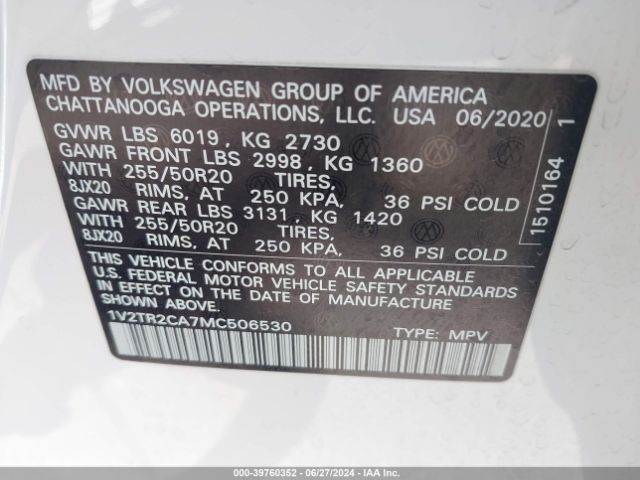 1V2TR2CA7MC506530 Volkswagen Atlas 3.6l V6 Sel Premium