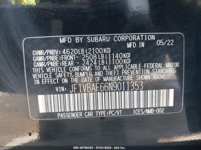 Subaru Wrx Premium 2022 JF1VBAF66N9011353 Image 9