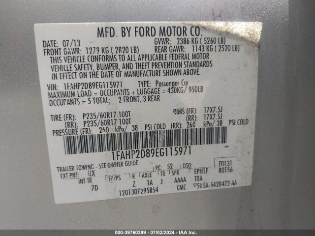 Ford TAURUS SE 2014 1FAHP2D89EG115971 Image 9