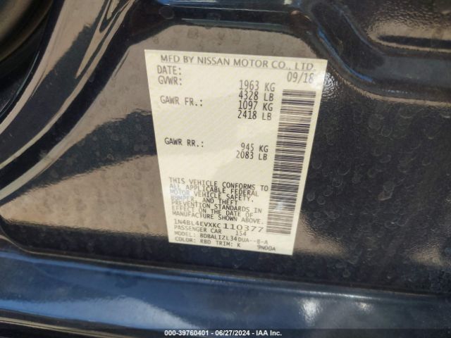1N4BL4EVXKC110377 Nissan Altima 2.5 Sl
