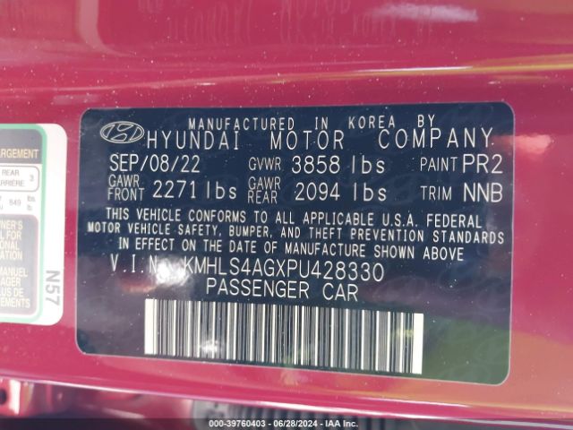 KMHLS4AGXPU428330 Hyundai ELANTRA SEL