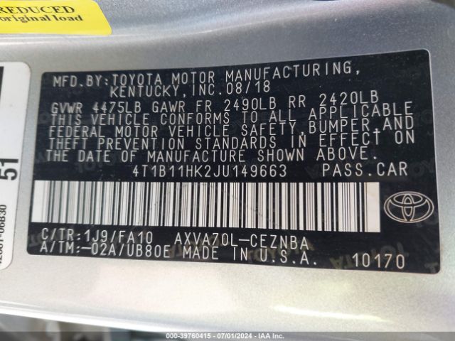 4T1B11HK2JU149663 Toyota CAMRY LE