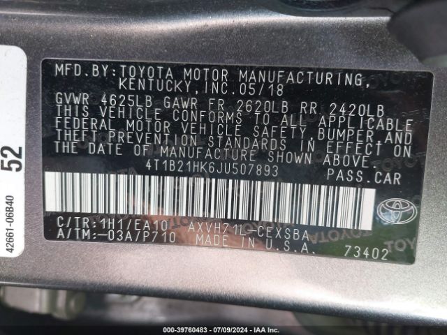 4T1B21HK6JU507893 Toyota Camry Hybrid Se