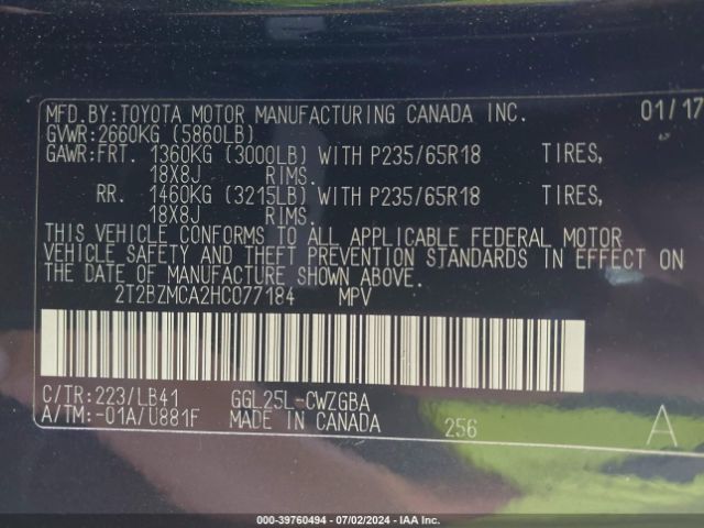 2T2BZMCA2HC077184 Lexus RX 350