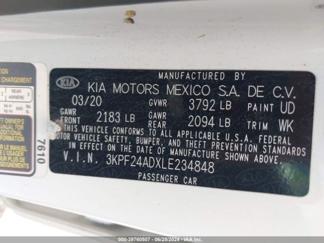 3KPF24ADXLE234848 KIA Forte Lxs