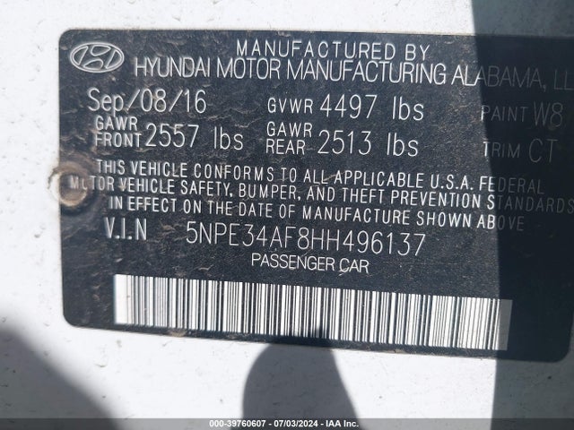 Hyundai Sonata Sport 2017 5NPE34AF8HH496137 Image 9