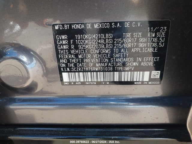 Aukcja sprzedaży 2024 Honda Hr-v 2wd Ex-l/2wd Ex-l W/o Bsi, vin: 3CZRZ1H76RM731038, numer aukcji: 39760622