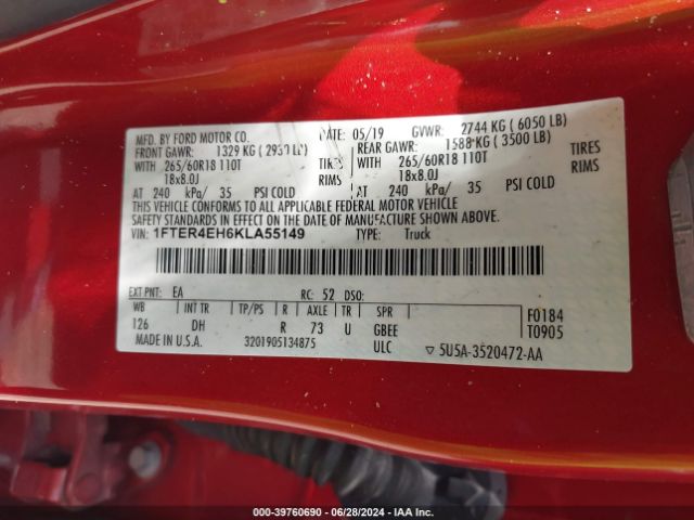 1FTER4EH6KLA55149 Ford Ranger Lariat