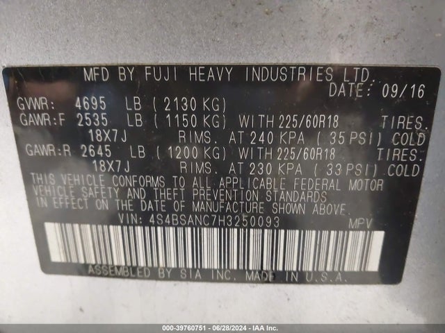 Subaru Outback 2.5i Limited 2017 4S4BSANC7H3250093 Image 9
