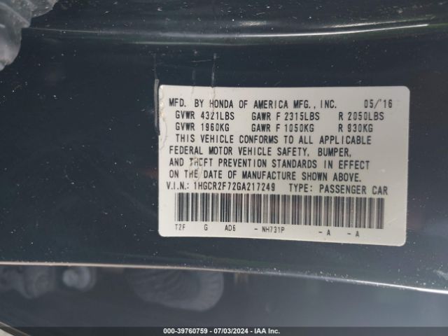 1HGCR2F72GA217249 Honda ACCORD EX