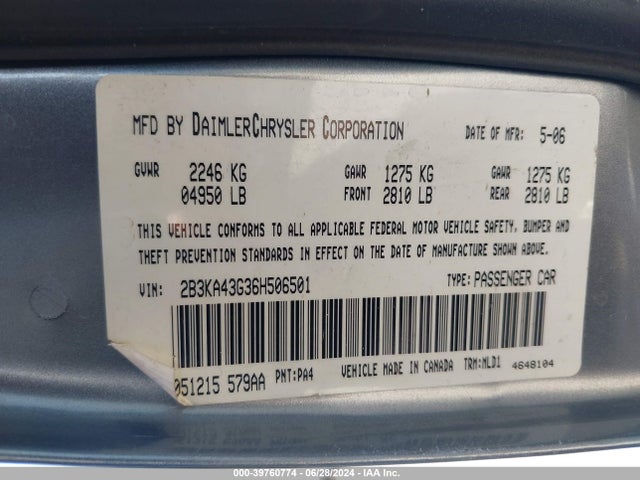 Продажа на аукционе авто 2006 Dodge Charger, vin: 2B3KA43G36H506501, номер лота: 39760774