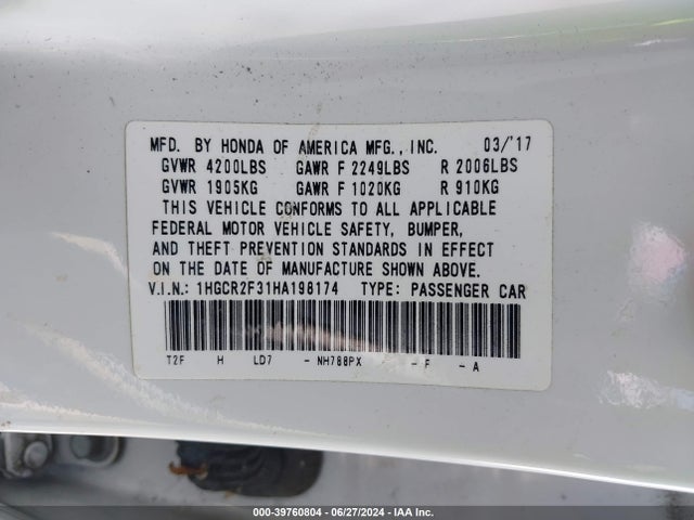 Honda ACCORD LX 2017 1HGCR2F31HA198174 Image 9