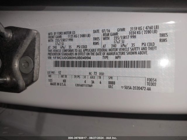 1FMCU0G90HUB04994 Ford ESCAPE SE